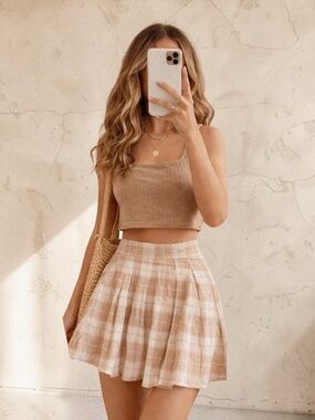Neutral 2-Piece Set Zenana Ribbed Crop Tank + Promesa Plaid Skirt NWT Size L